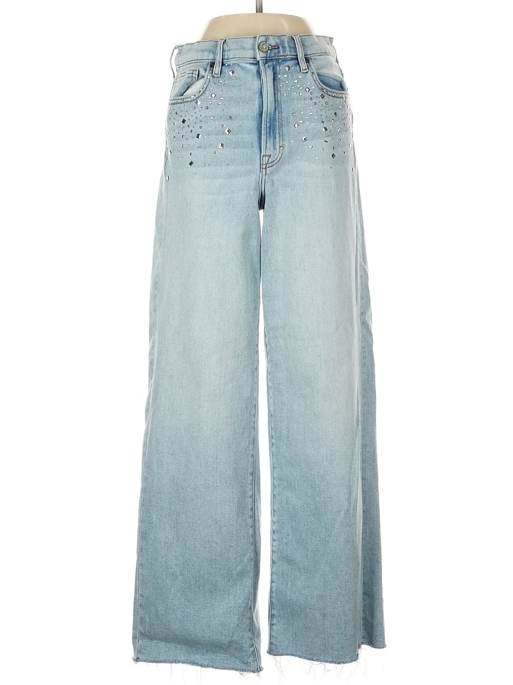 High-Rise Light Blue Wide-Leg Jeans with Crystal Accents